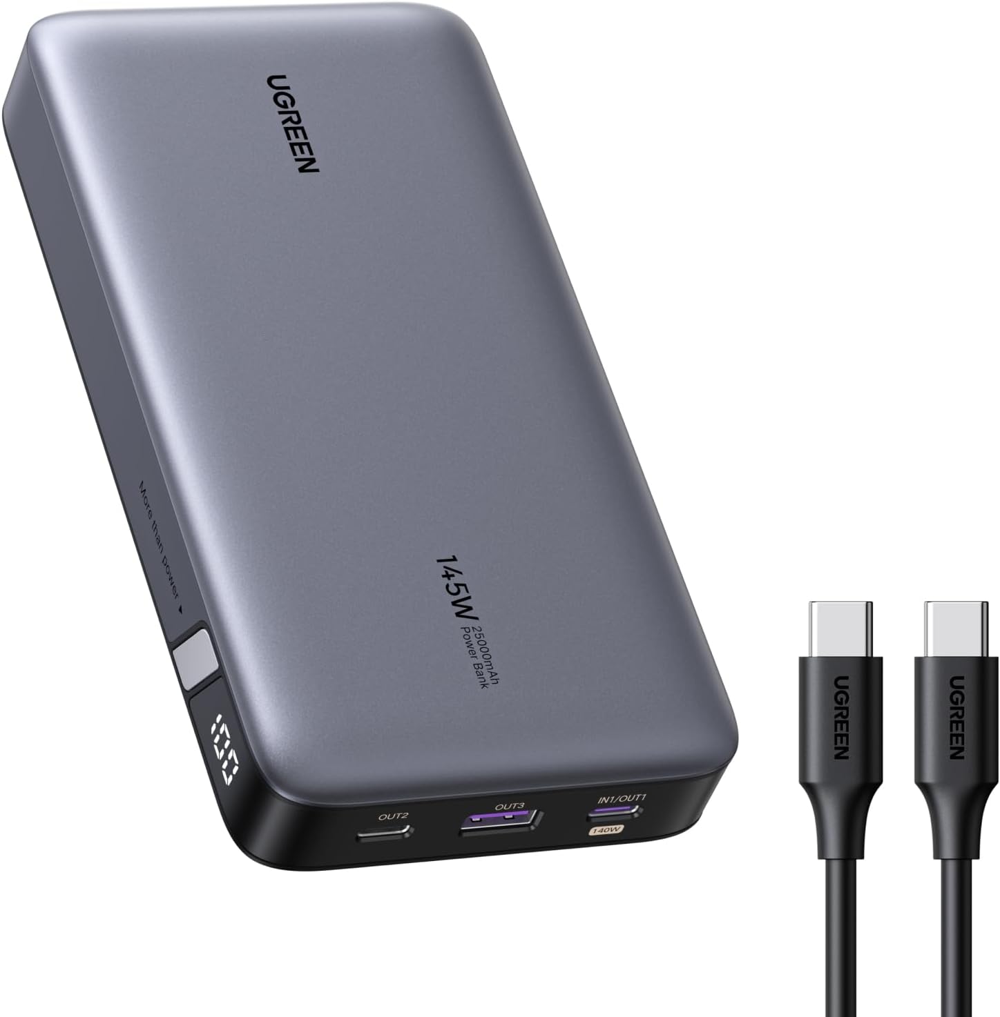 UGREEN Nexode Power Bank 25000mAh 145W 3 Anschluesse USB‑C mit Display, kompatibe