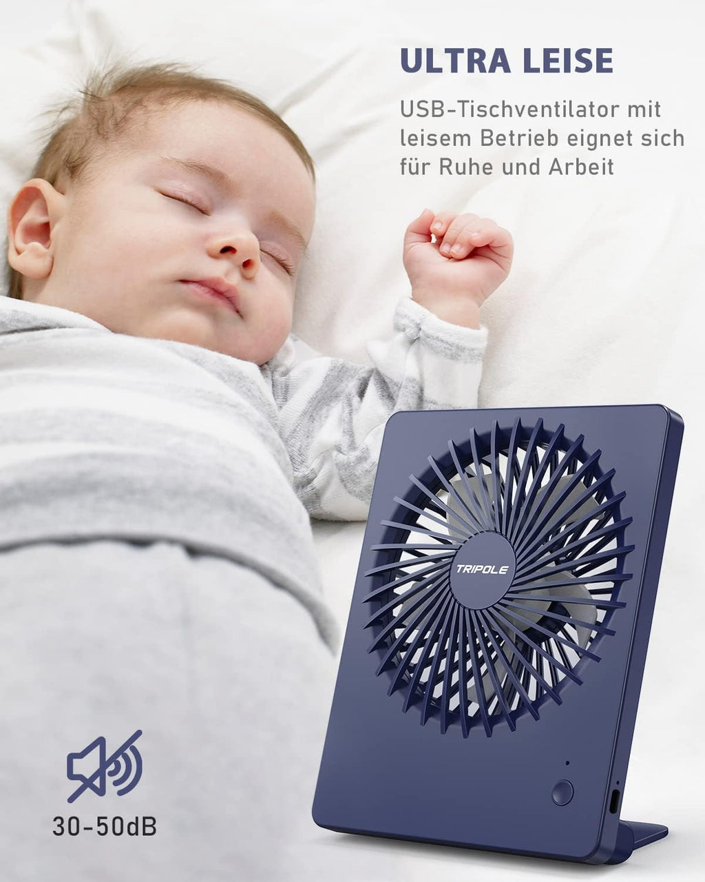 TriPole Tischventilator Akku 2000mAh, 3 Stufen, 30dB, 180° verstellbar