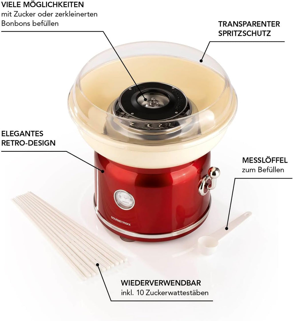 GOURMETmaxx Zuckerwattemaschine Retro mit Staebchen und Messloeffel Rot Weiss