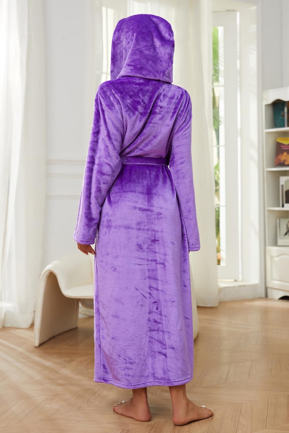 HEARTNICE Damen Bademantel lang mit Kapuze Fleece kuschelig