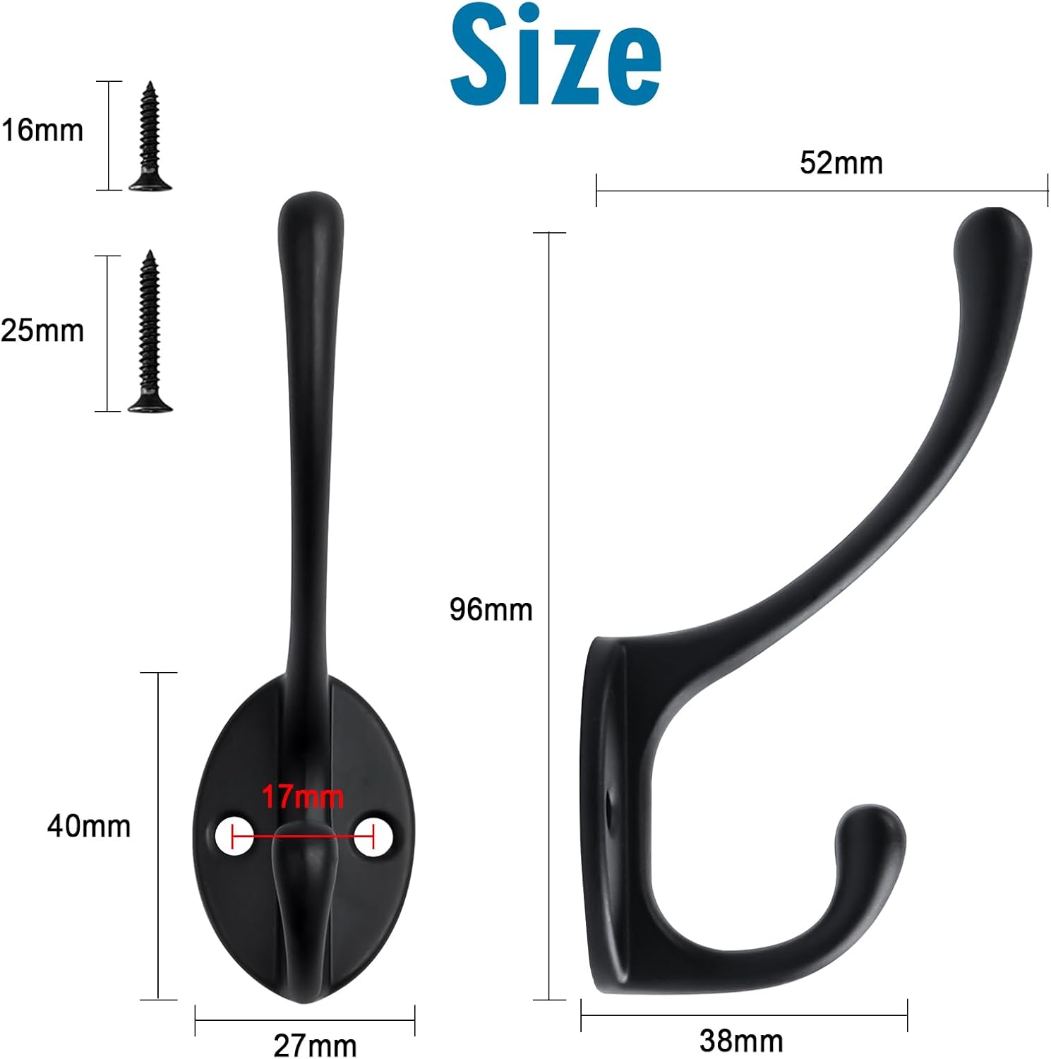 12x Garderobenhaken Wandhaken schwarz mit Schrauben Kleiderhaken Wandmontage