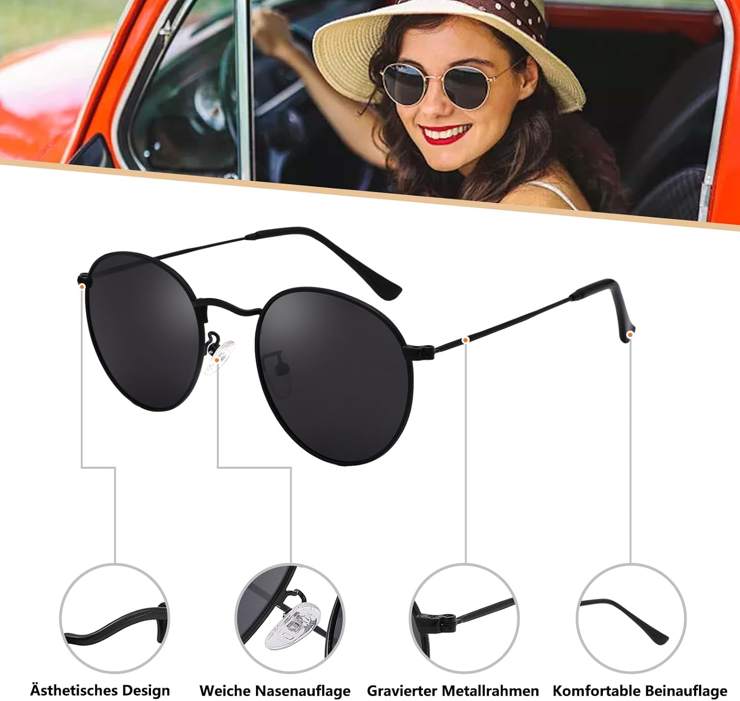 Retro Sonnenbrille rund UV400 polarisiert Herren Damen Vintage Unisex