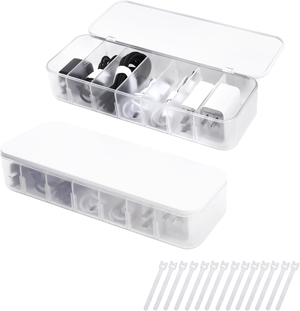 Kabelaufbewahrungsbox transparent 2er Set mit Faechern und Kabelbindern