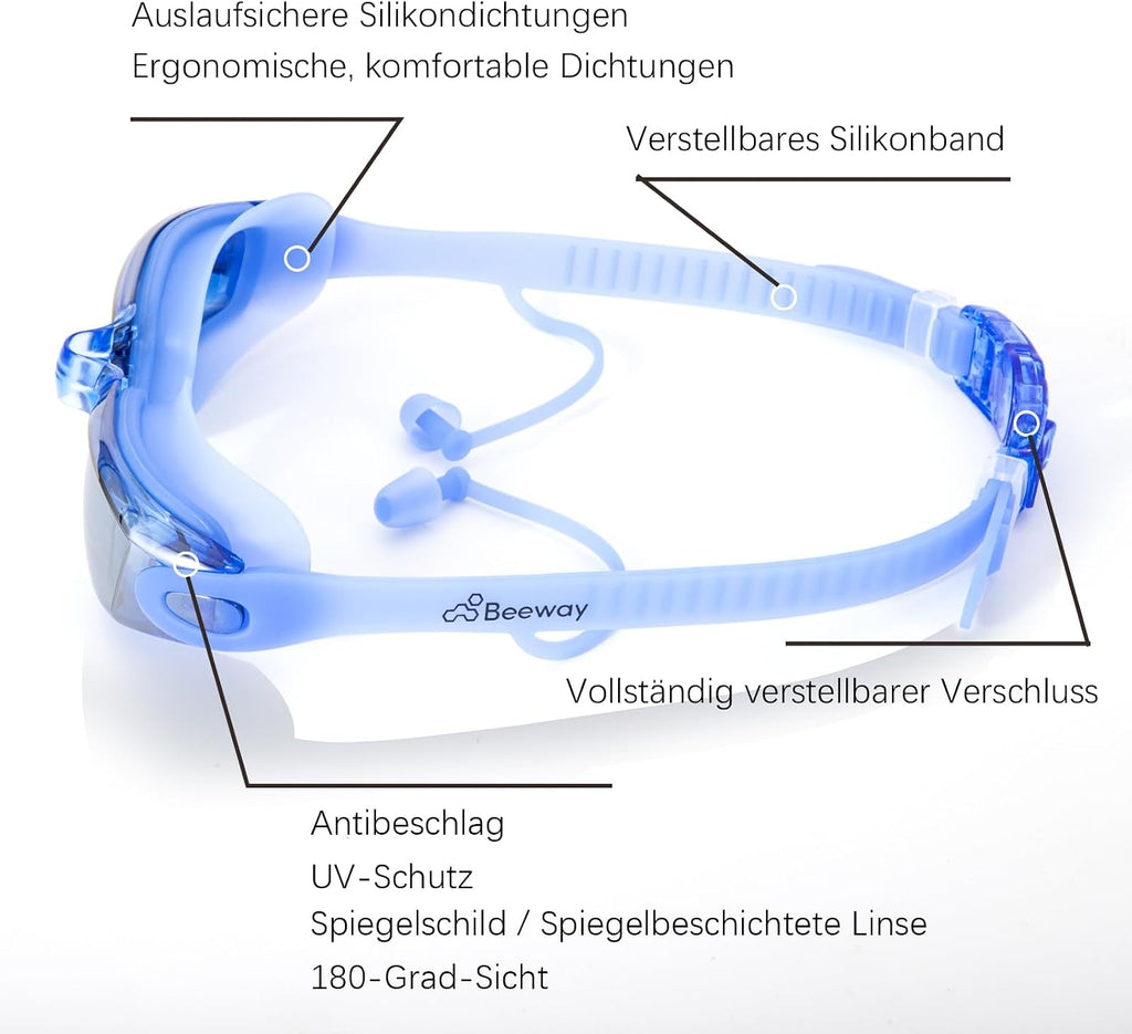 BEEWAY Schwimmbrille verstellbar Anti-Beschlag UV-Schutz Erwachsene Kinder 8