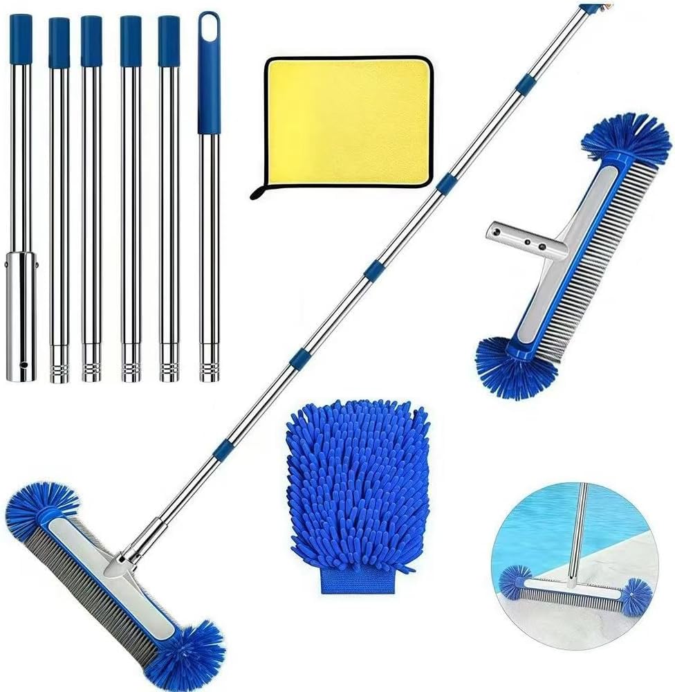 Poolbuersten Set 45 cm mit 180 cm Teleskop-Aluminiumstange und Edelstahlrueckseite
