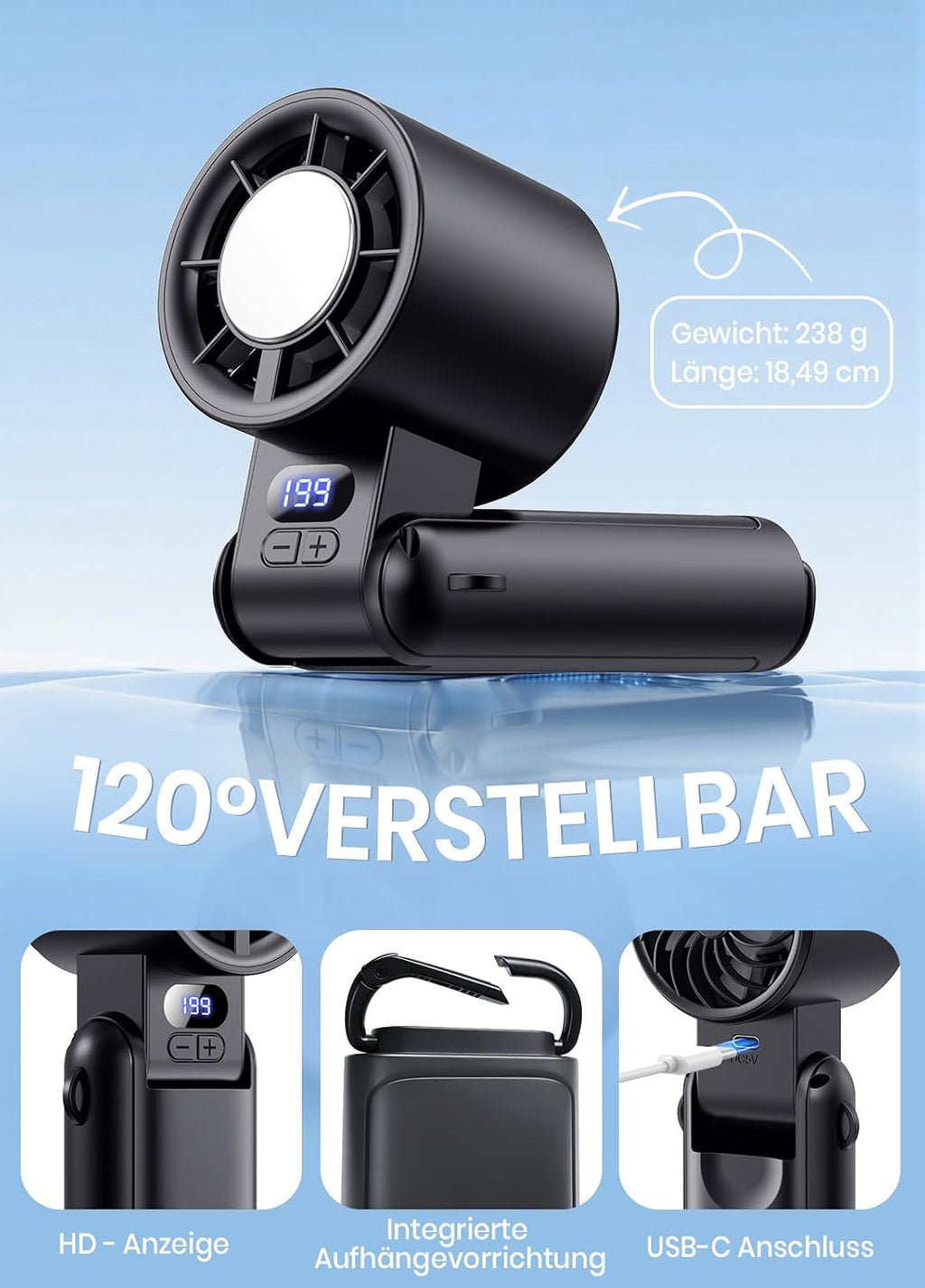 Akku Handventilator 3-in-1 mit Clip LED-Display 1-199 Stufen Tisch Nacken