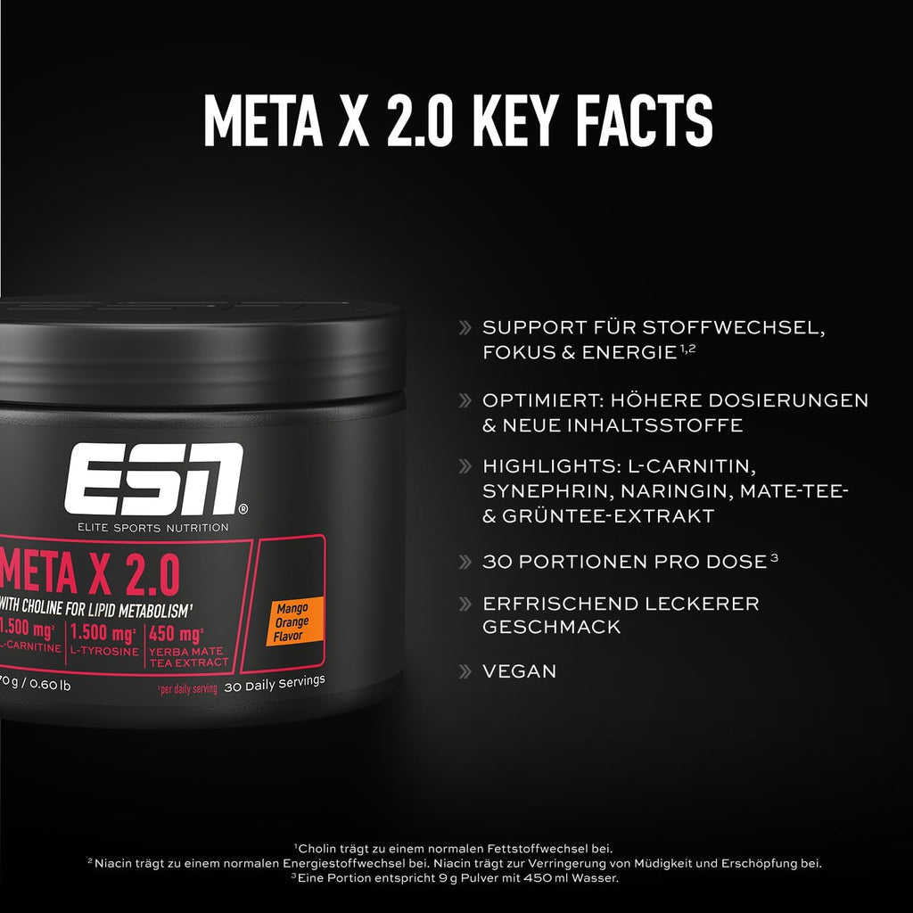 ESN Meta X 2.0 270 g Mango Orange mit Pflanzenextrakten Glycin Cholin