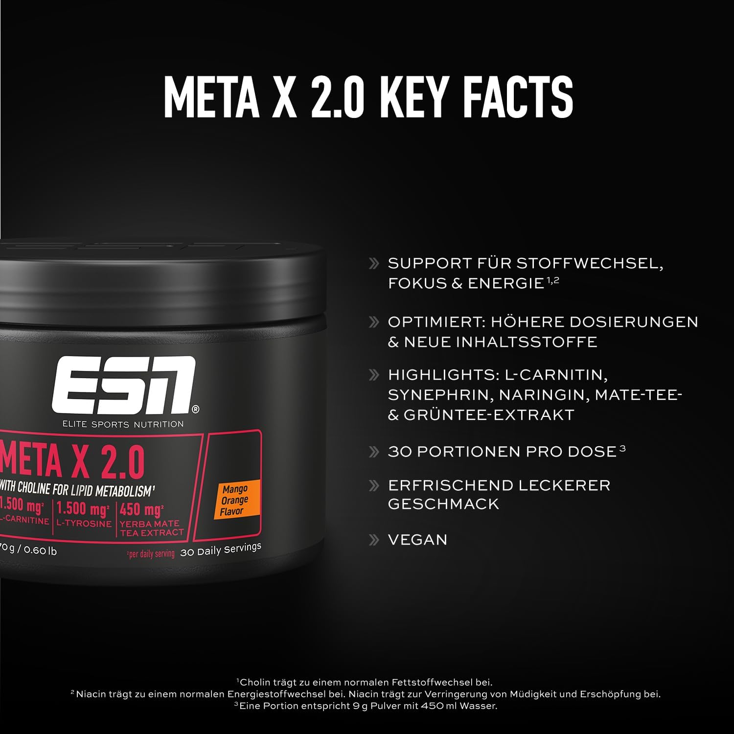 ESN Meta X 2.0 270 g Mango Orange mit Pflanzenextrakten Glycin Cholin