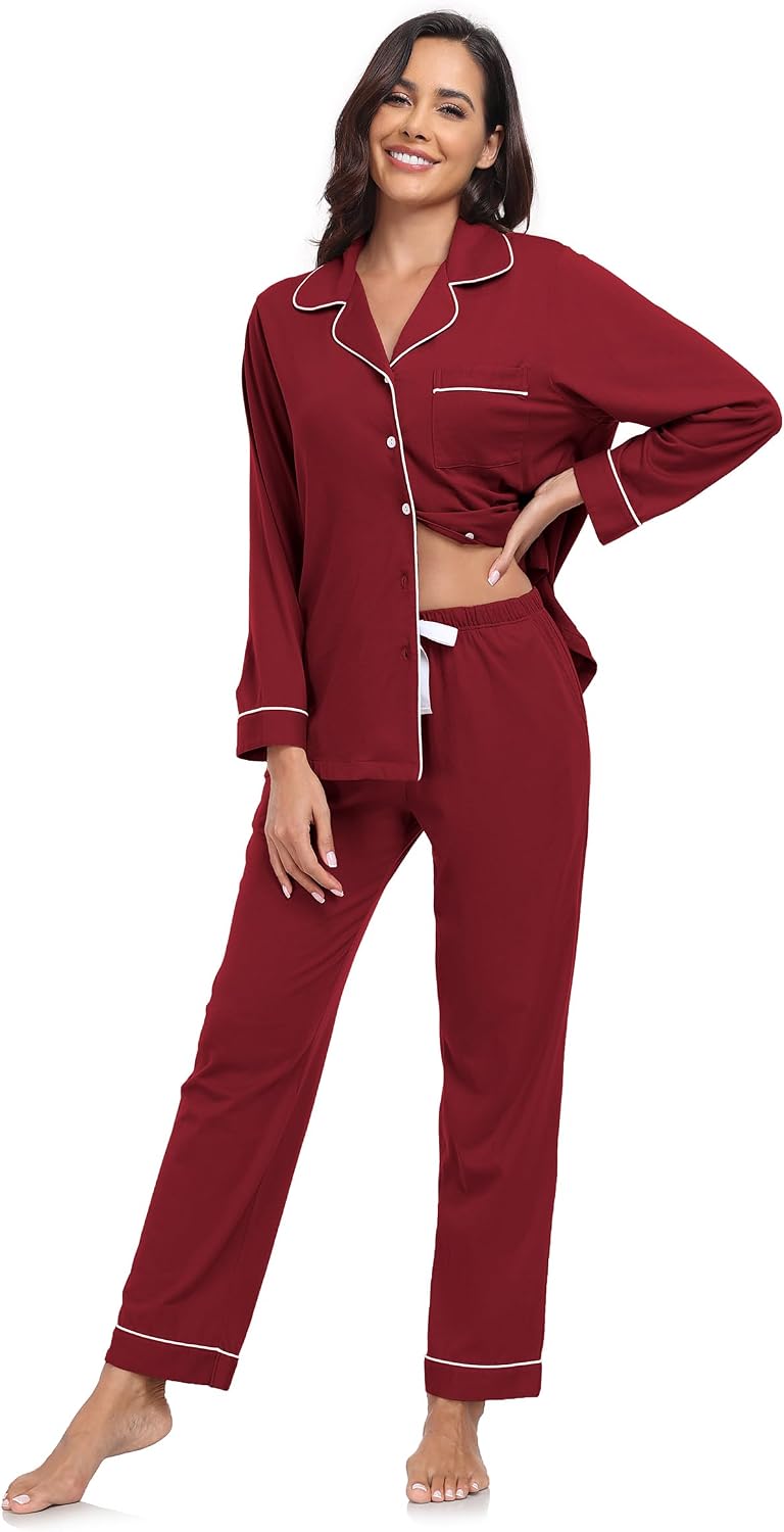 Colorfulleaf Damen Schlafanzug Lang Zweiteiler 100% Baumwolle Knopfleiste S-XXL