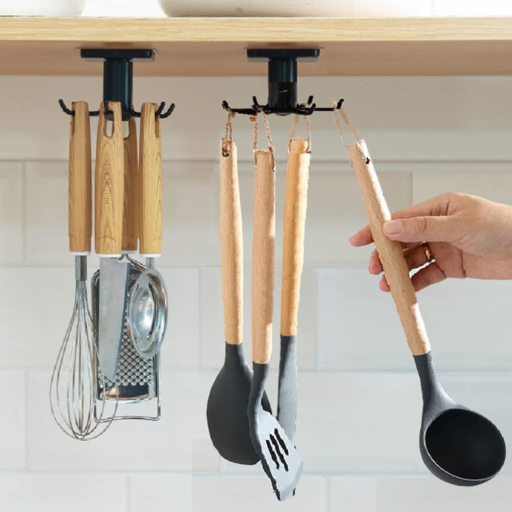 2er Set 360° drehbarer Kuechenhaken ohne Bohren, 6 Haken, schwarz