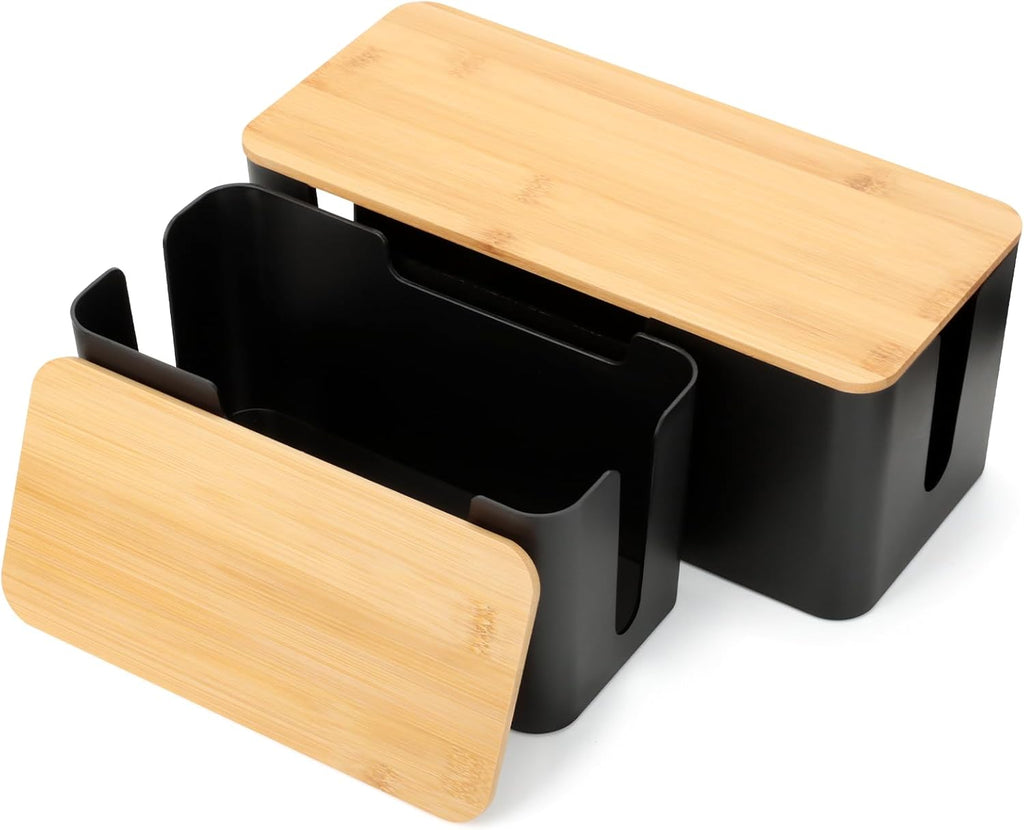 Kabelbox 2er Set schwarz gross und klein mit Holzdeckel Kabel Organizer