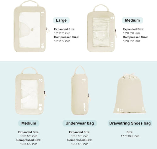 5er Set Kompressions Packing Cubes Koffer Organizer Gruen
