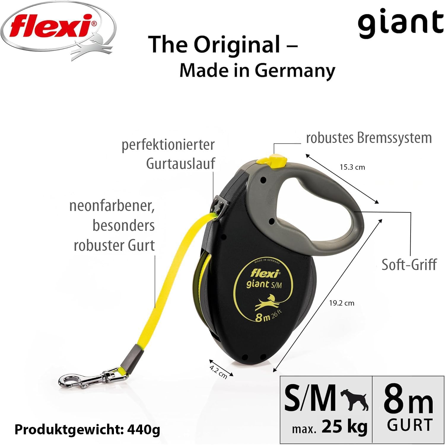flexi Giant S/M 8 m Gurt-Rollleine schwarz/neon-gelb fuer Hunde bis 25 kg