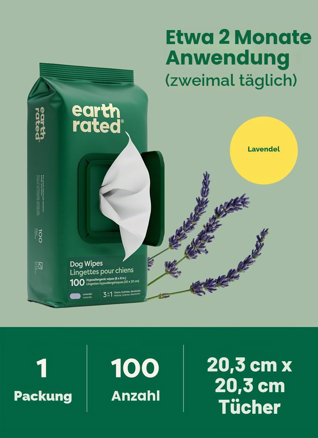 Earth Rated Hunde Feuchttuecher Lavendel 100 Stueck pflanzliche Pflegetuecher