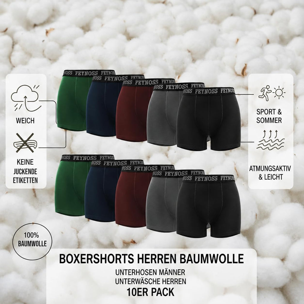 Boxershorts Herren 10er Pack - Baumwolle mit elastischem Bund, atmungsaktiv & oh