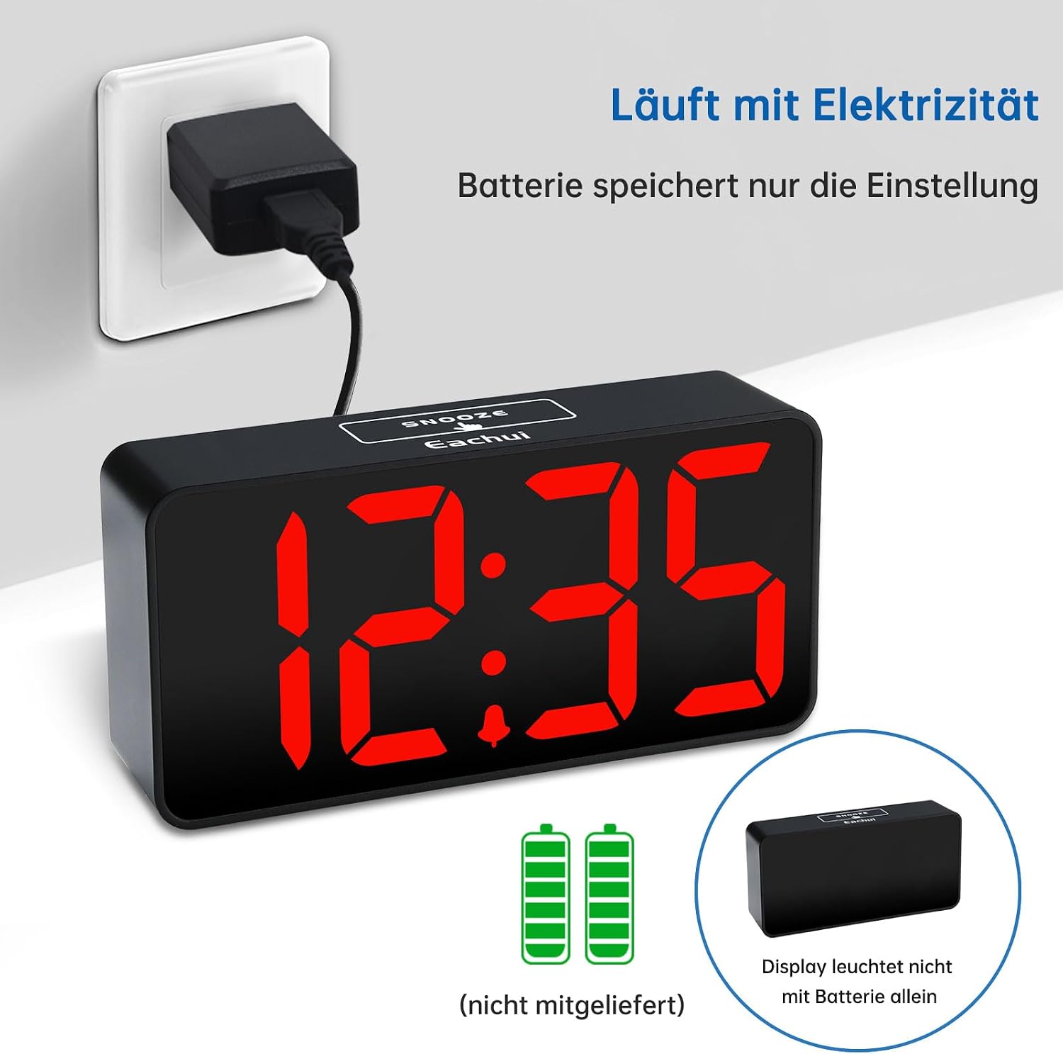 Digitaler LED Wecker gross Ziffern dimmbar USB Snooze 12/24 h Schwarz Weiss