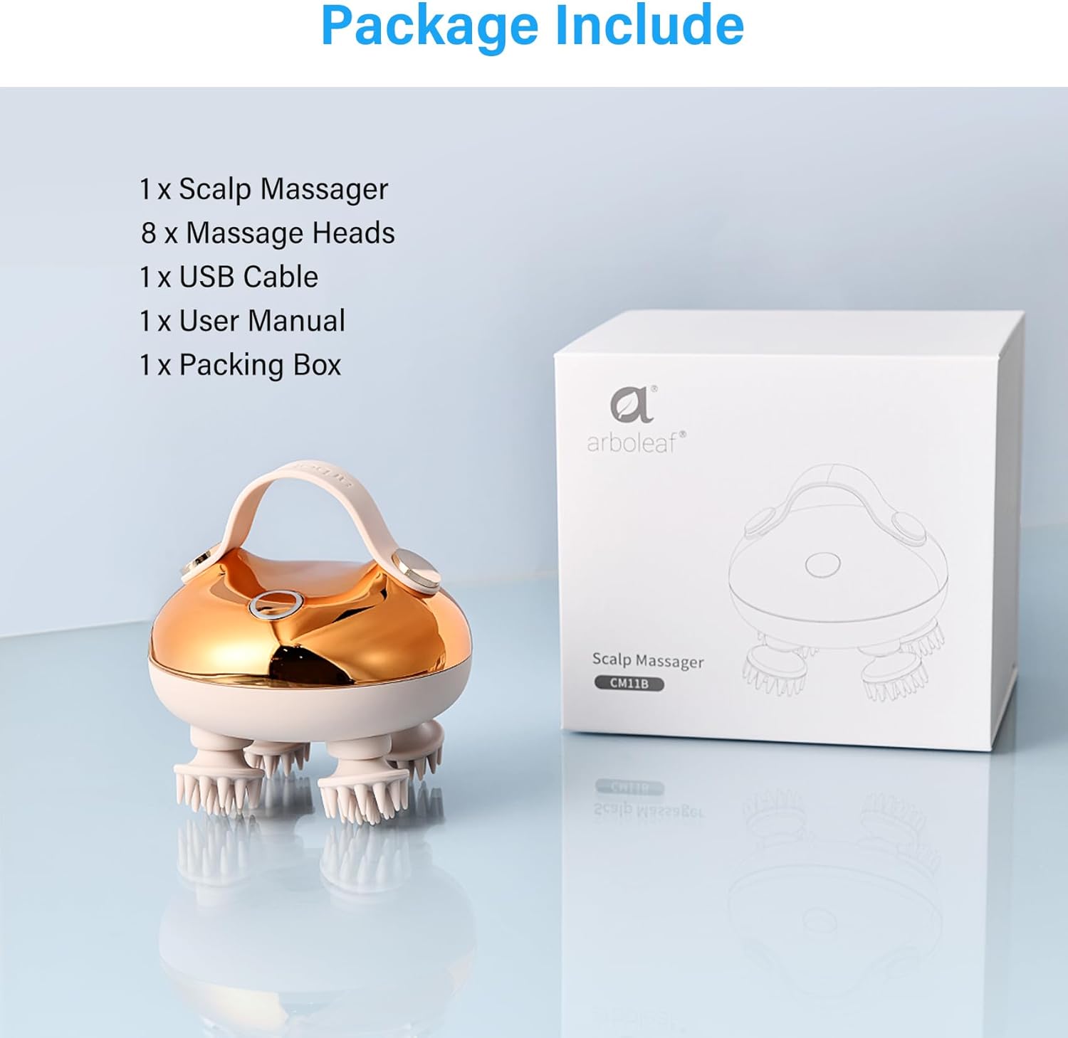 Arboleaf Kopf-Massagegeraet elektrisch IPX7 wasserdicht 8 Koepfe Gold