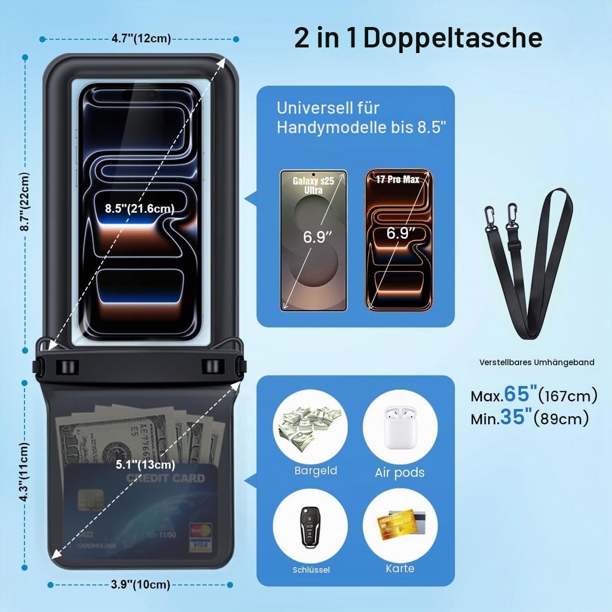 Rynapac 2er Set wasserdichte Handyhuelle IPX8 bis 8,5 Zoll mit Umhaengeband