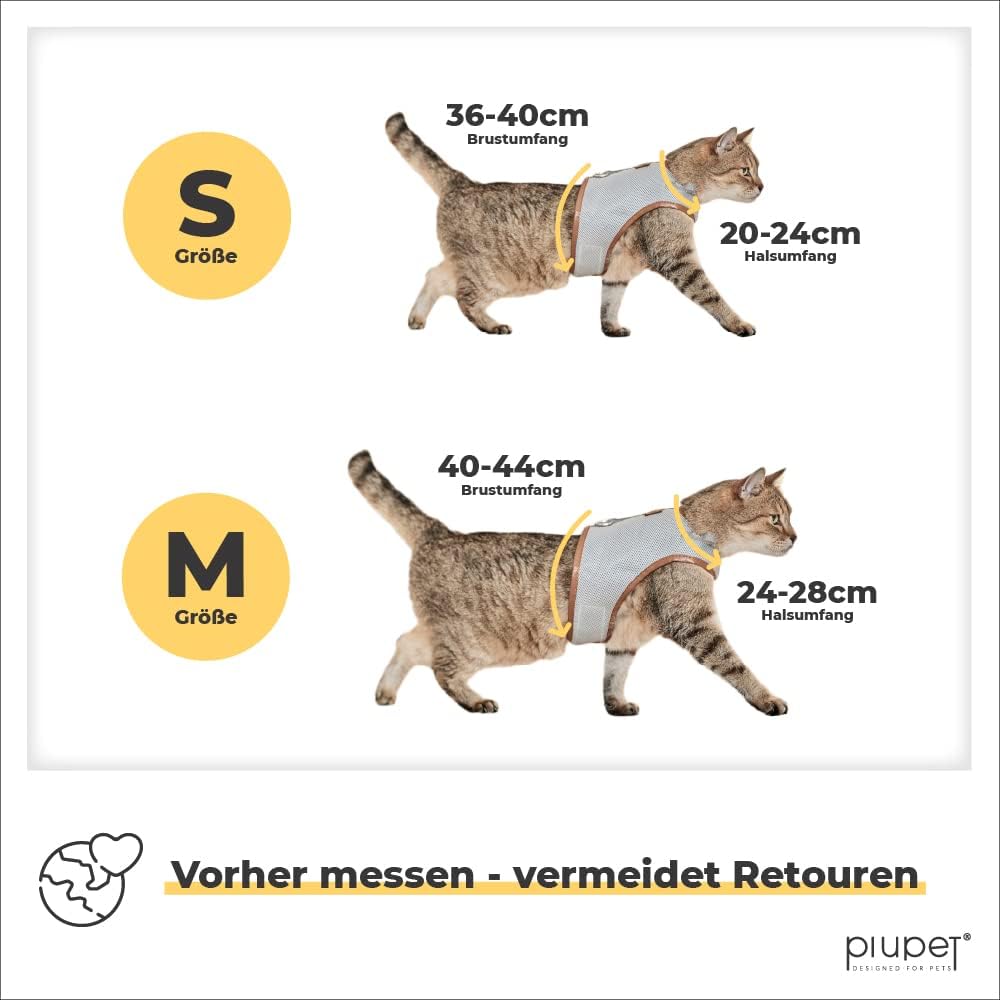 PiuPet Katzengeschirr M mit 1,2 m Leine, Anti-Ausbruch Halsband für Kätzchen