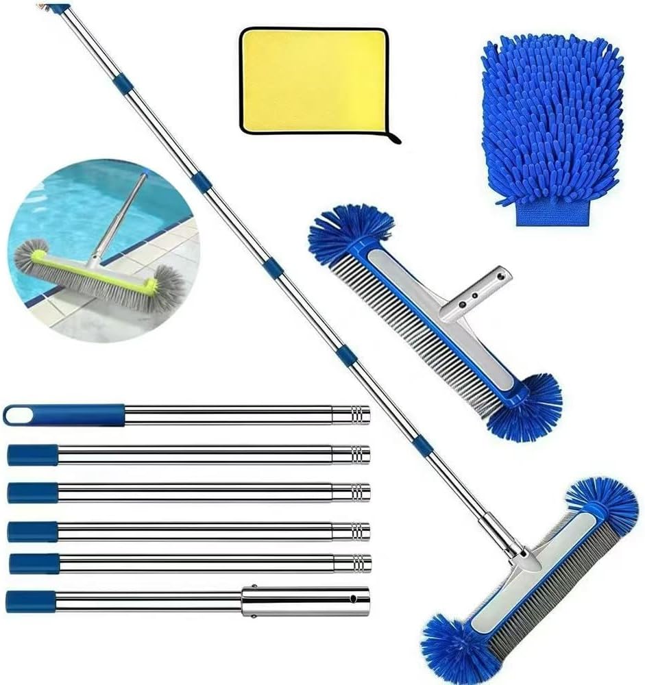 Poolbuersten Set 45 cm mit Teleskopstange 230 cm, Reinigungstuch & Waschhandschuh