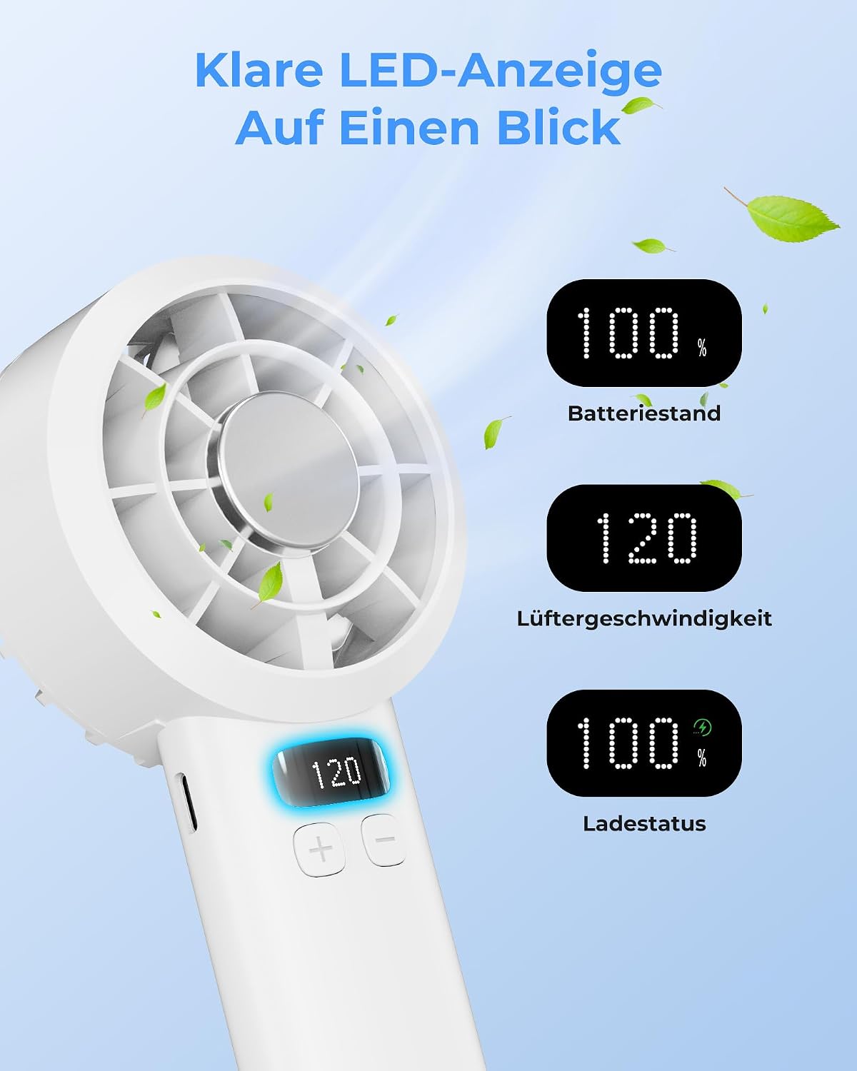 USB Mini Handventilator 7000 RPM, 120 Stufen, 3000mAh Akku, LED-Display