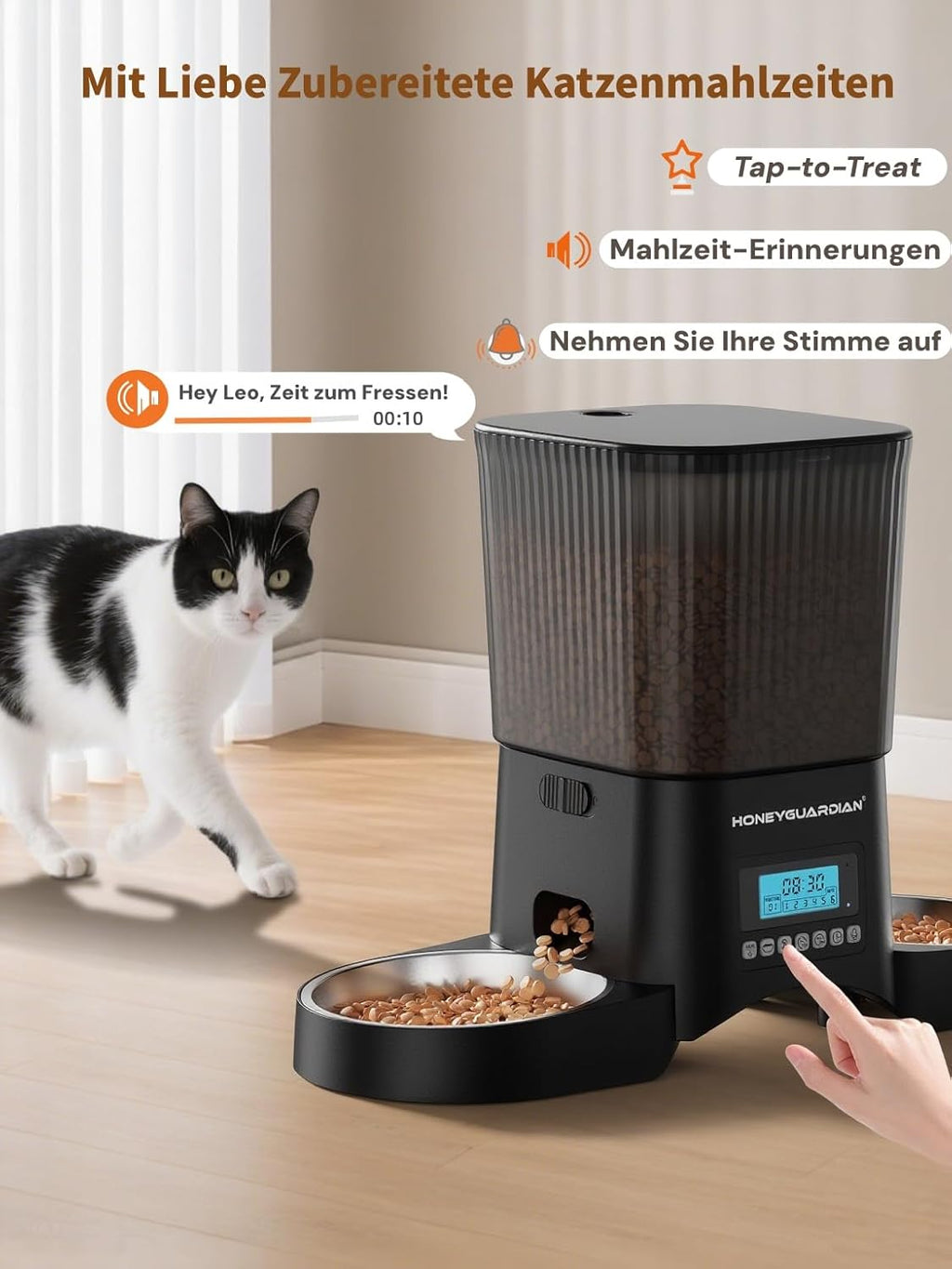 HONEYGUARDIAN Futterautomat fuer Katzen mit WiFi App Steuerung und Mahlzeitenplan