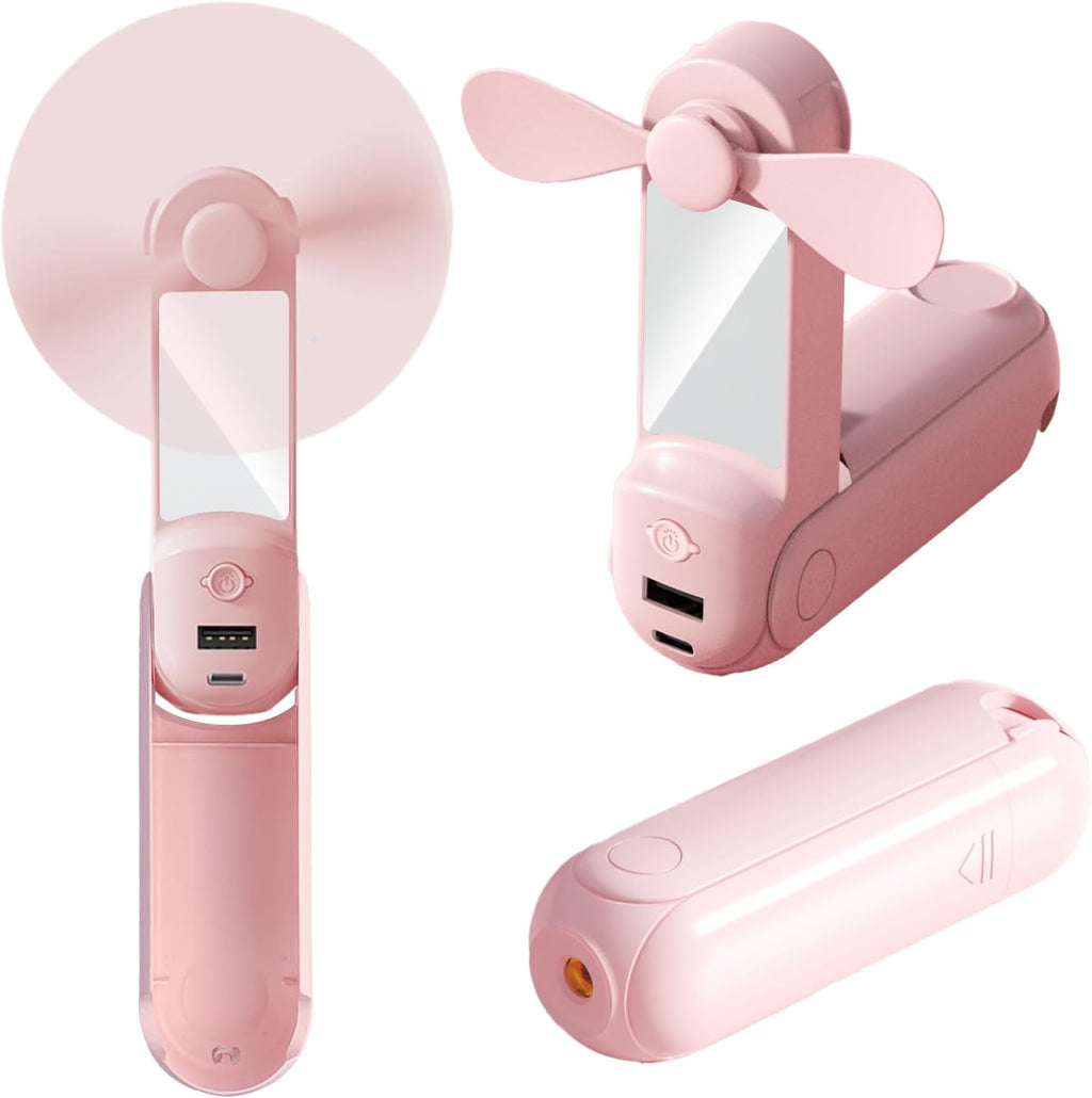CNMTCCO Handventilator 5-in-1 Akku USB mit Powerbank Taschenlampe Spiegel Rosa