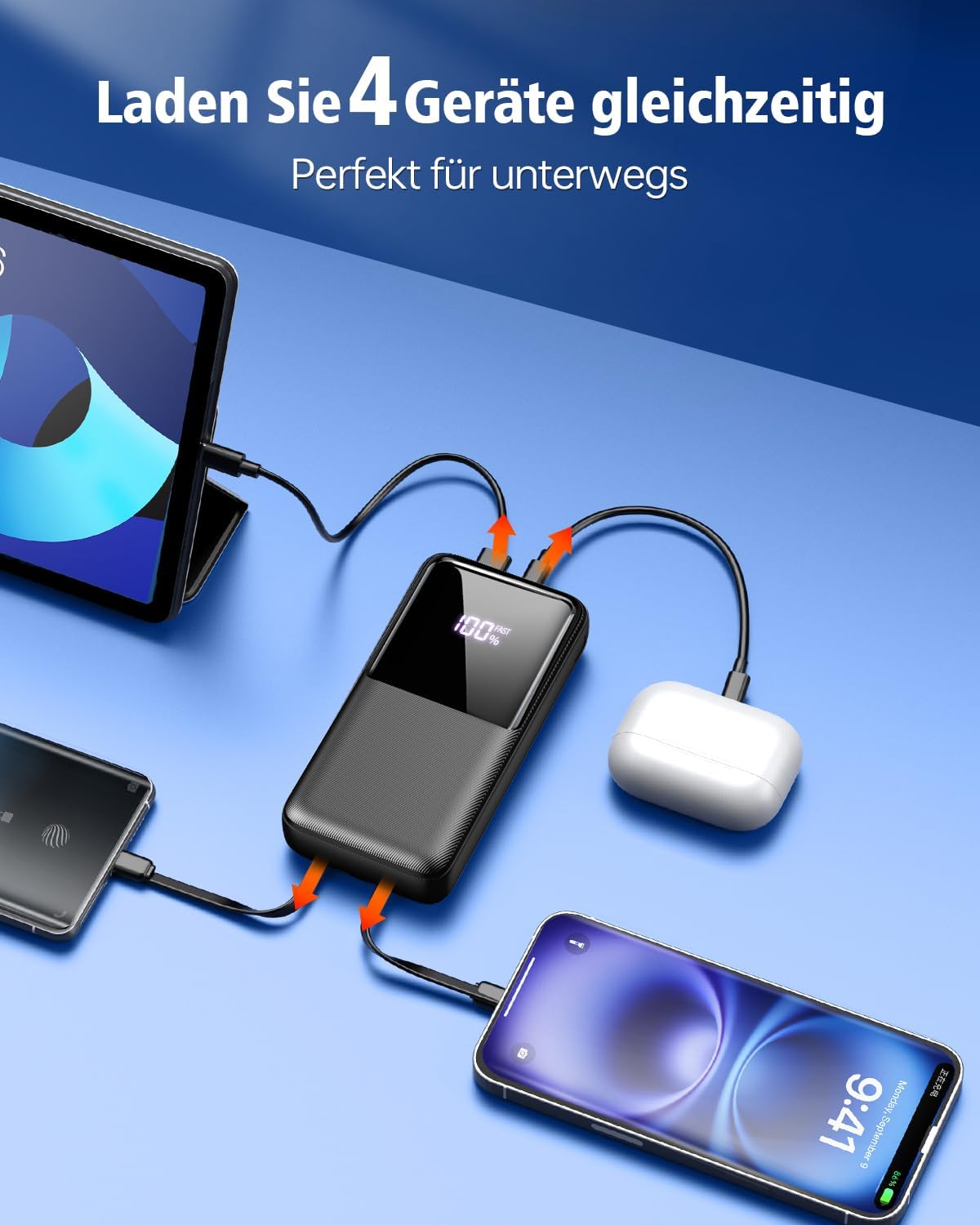 Powerbank 40000 mAh 22,5 W PD USB-C Schnellladung 3 Anschluesse 2 Kabel