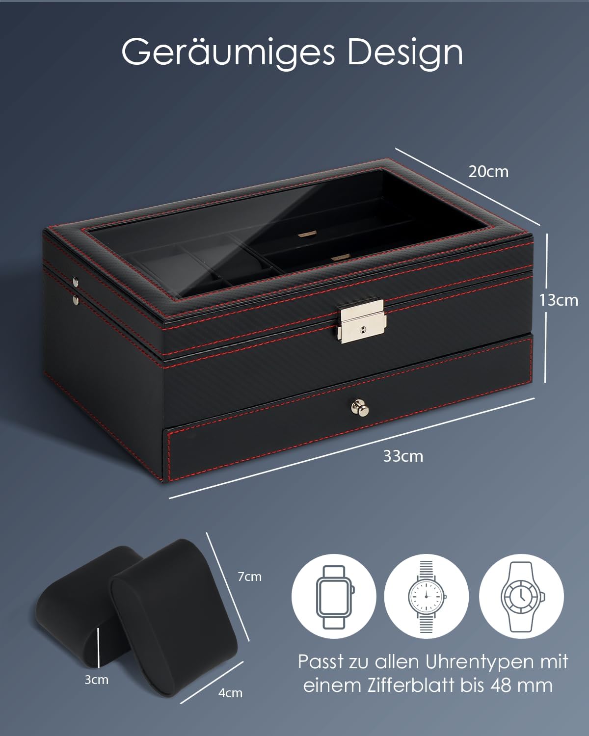 Uhren- und Sonnenbrillenbox mit Glasdeckel 6 Faecher Schmuckkasten Herren