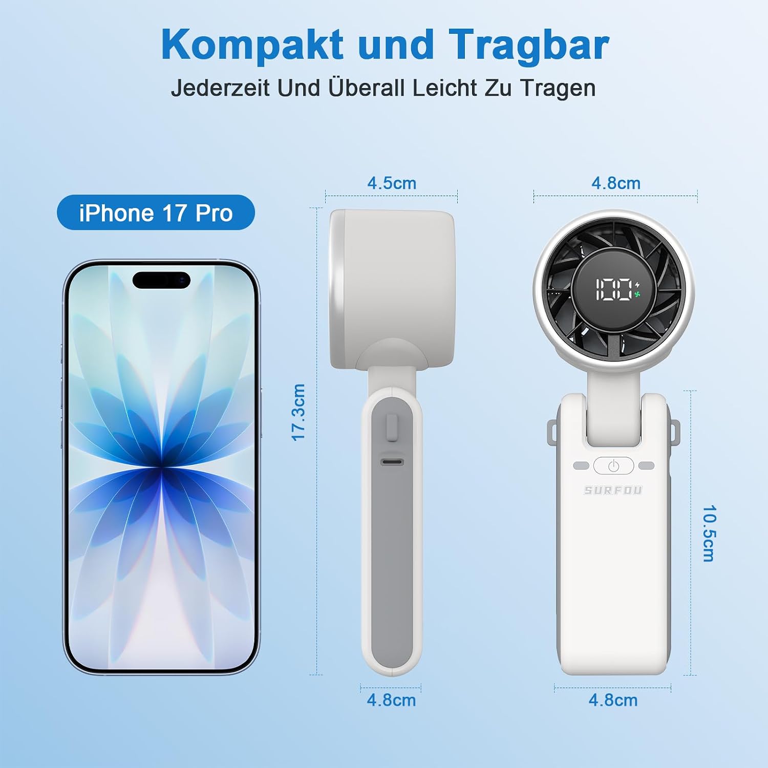 SURFOU Handventilator 4000 mAh Akku, 5 Stufen, faltbar, USB, LED-Anzeige, Schwar