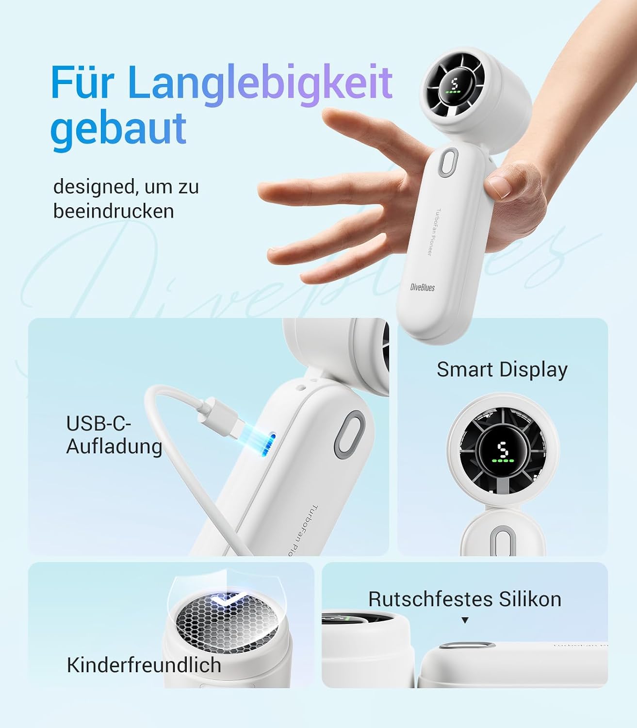 Diveblues iTurbo Handventilator 3-in-1 Hand Hals Tisch 5 Stufen LED Akku
