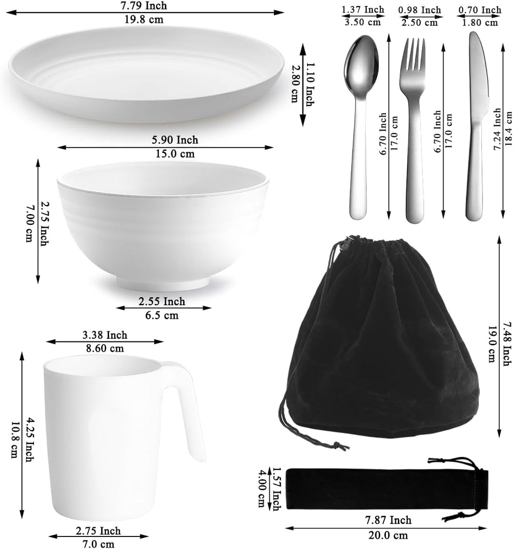 ReaNea Camping Besteckset mit Messer Gabel Loeffel Tasse Schuessel Teller