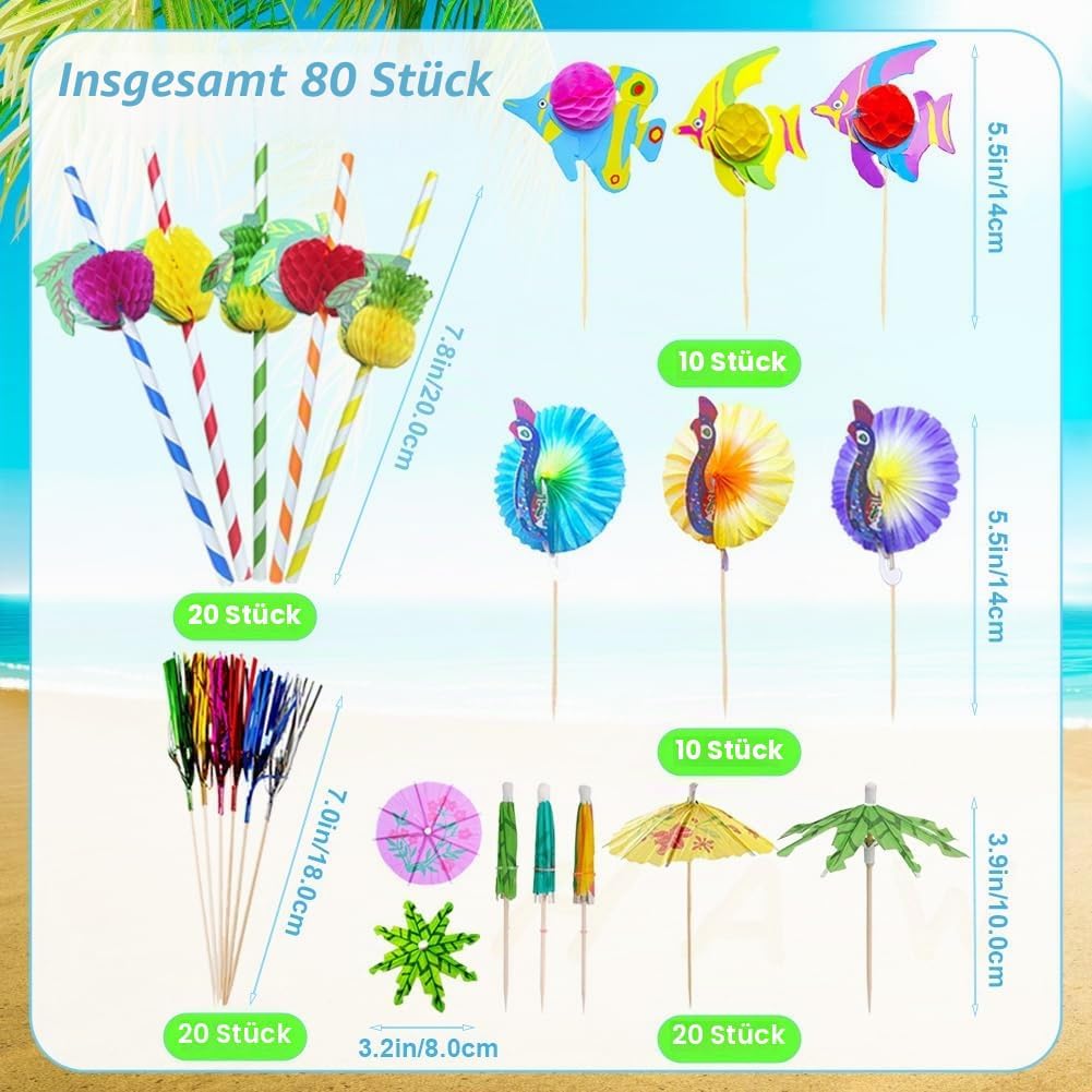 80-teiliges Cocktail Deko-Set Schirmchen Strohhalme Wunderkerzen