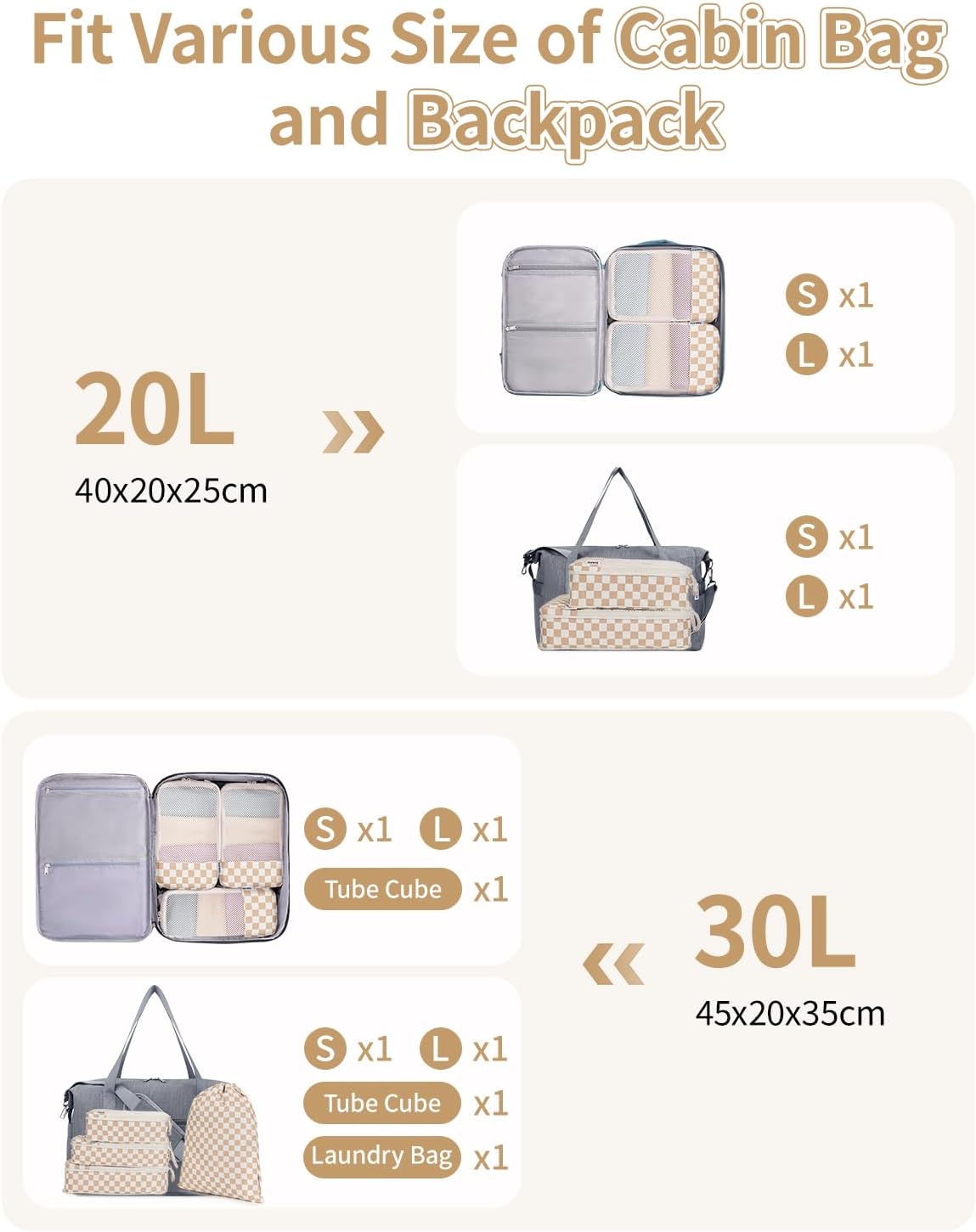 6-teiliges Packwuerfel Set Kompressions Organizer Koffer Reise Taschen