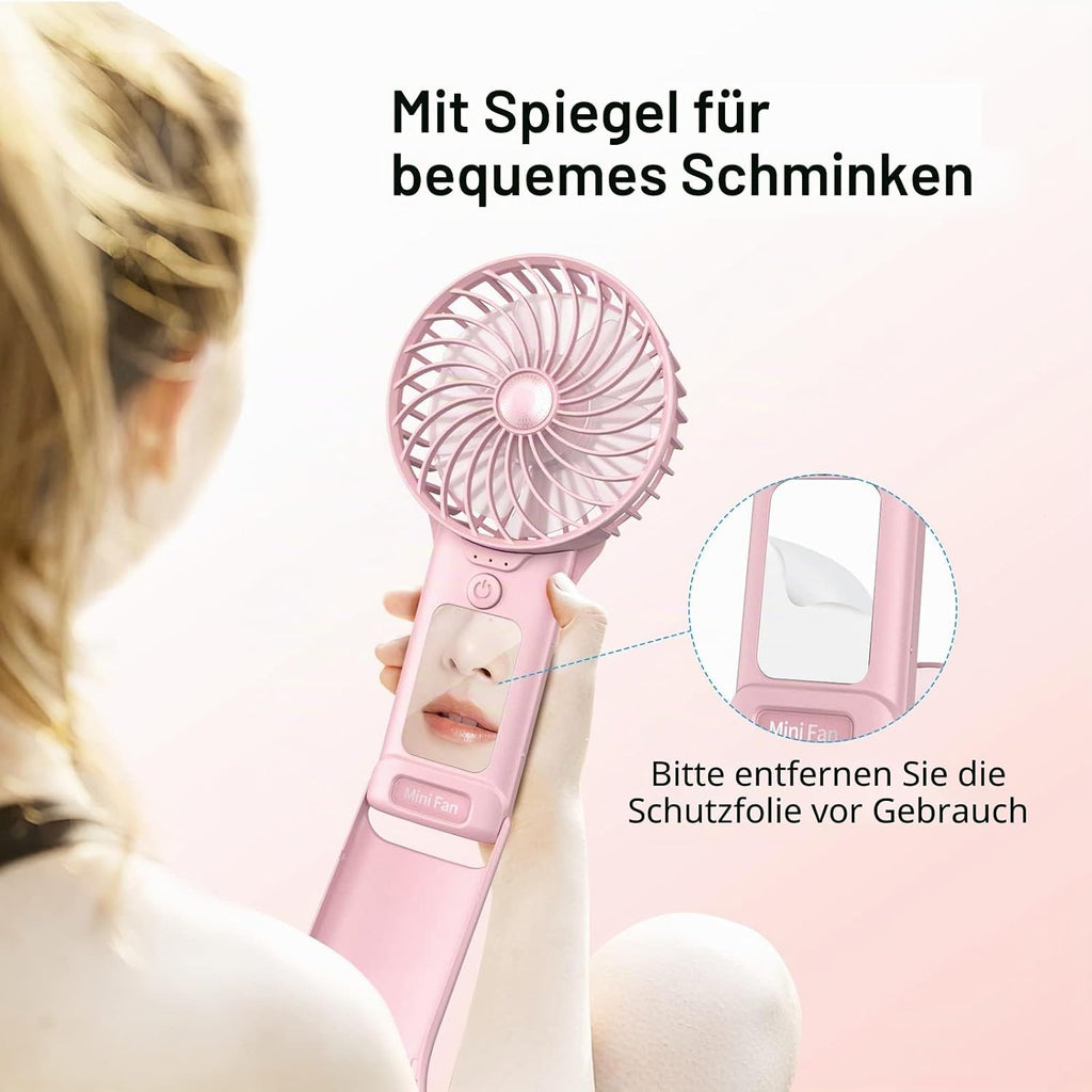 Handventilator USB wiederaufladbar 2000mAh 4 Stufen leiser Mini mit Spiegel