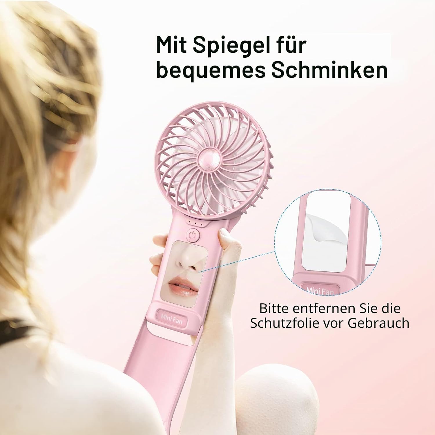 Handventilator USB wiederaufladbar 2000mAh 4 Stufen leiser Mini mit Spiegel