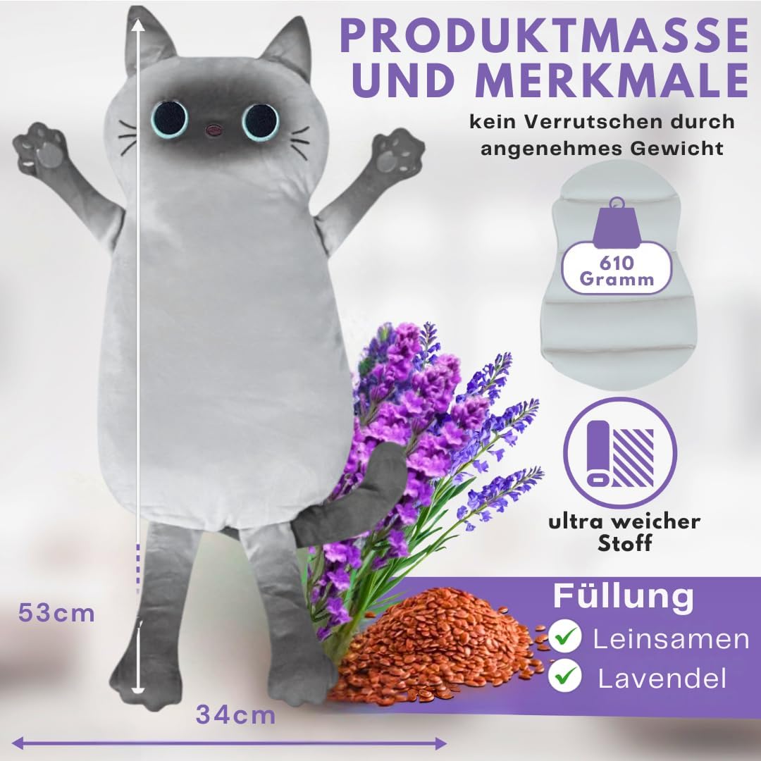 Koernerkissen Katze mit waschbarem Bezug - Waerme- und Kaeltekissen fuer Verspannung