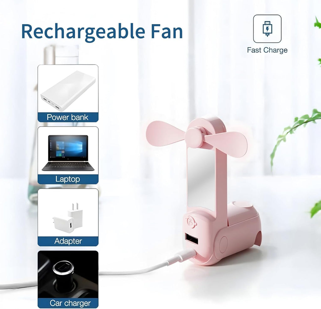 CNMTCCO Handventilator 5-in-1 Akku USB mit Powerbank Taschenlampe Spiegel Rosa