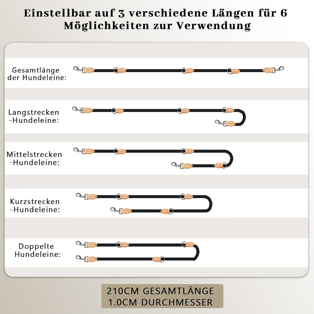 Multifunktions Hundeleine 2,1 m Nylon Beige mit 2 Karabinern fuer 2 Hunde