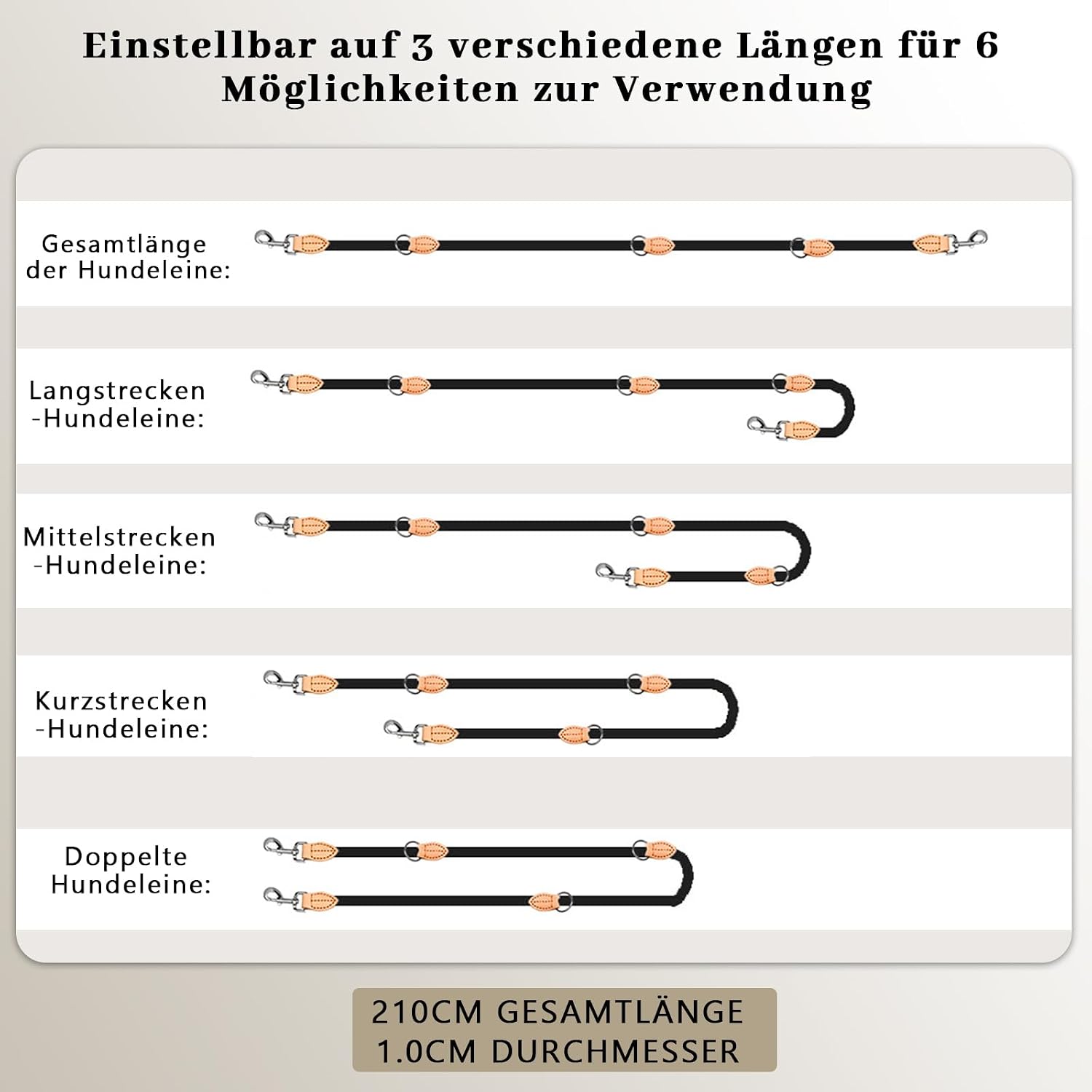 Multifunktions Hundeleine 2,1 m Nylon Beige mit 2 Karabinern fuer 2 Hunde