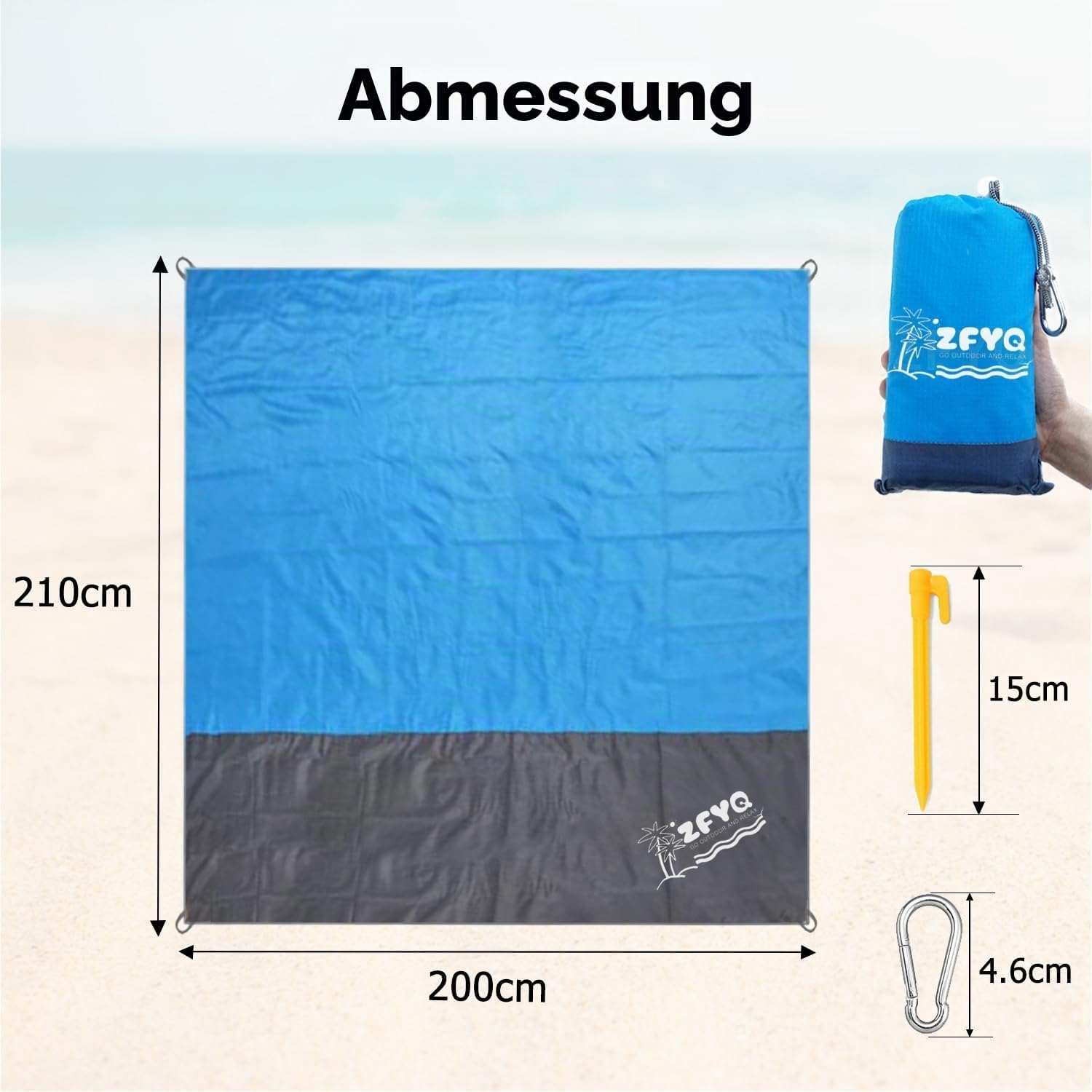 Picknickdecke 200 cm x 210 cm wasserdicht Stranddecke mit 4 Erdnaegeln