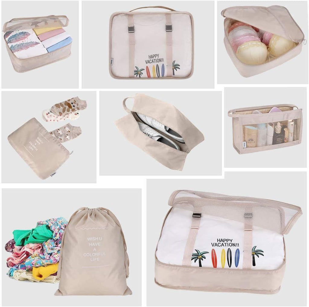 Reise Packwuerfel Set 8-teilig faltbar Gepaeck Organizer Aufbewahrung Beige