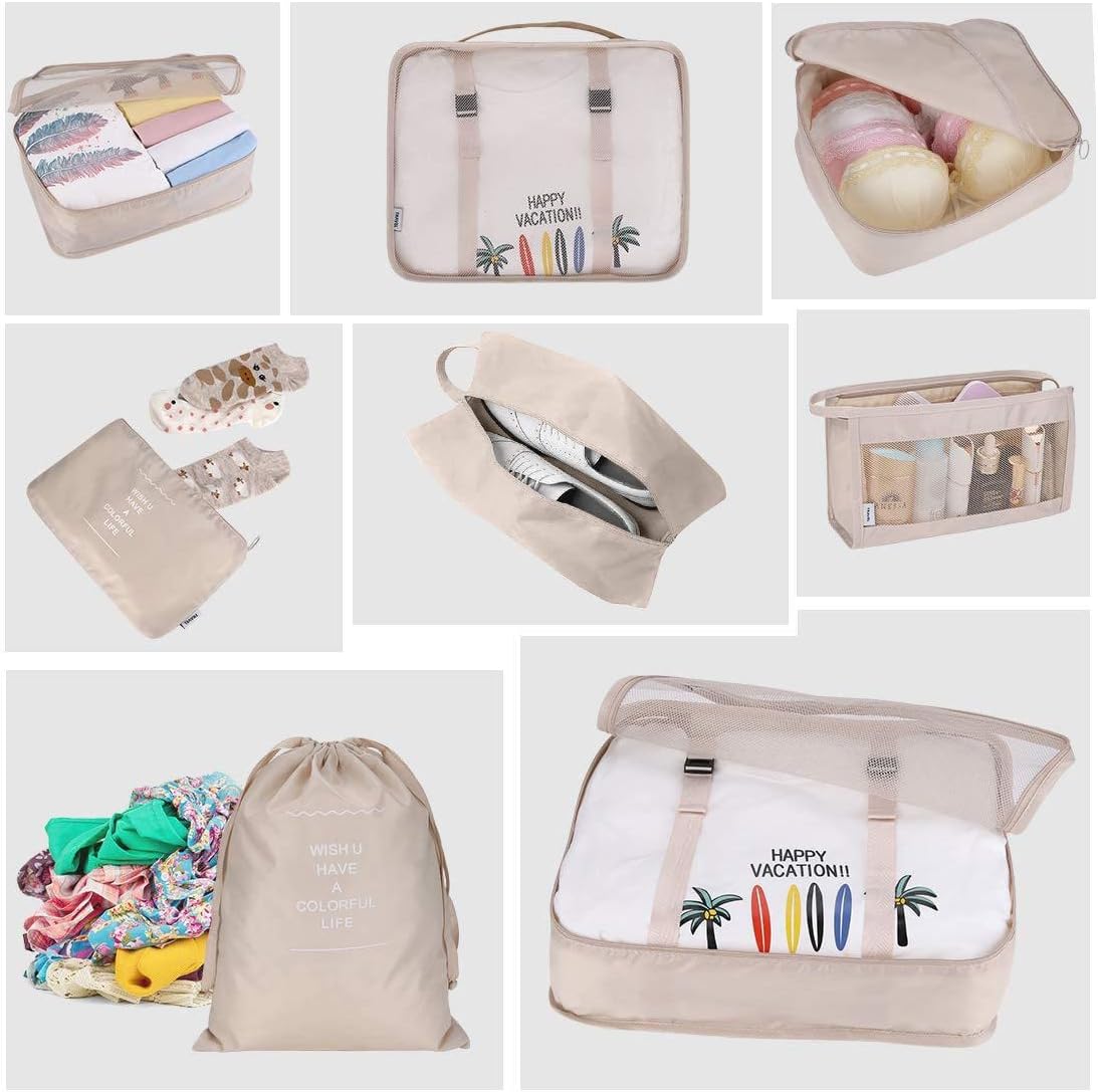 Reise Packwuerfel Set 8-teilig faltbar Gepaeck Organizer Aufbewahrung Beige