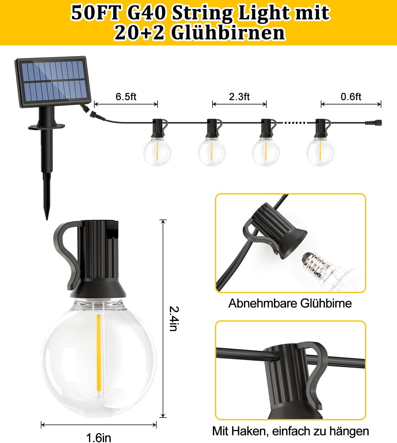 Solar Lichterkette 15m G40 Gluehbirnen 50 LED IP44 wetterfest 3 Modi 15m-30m