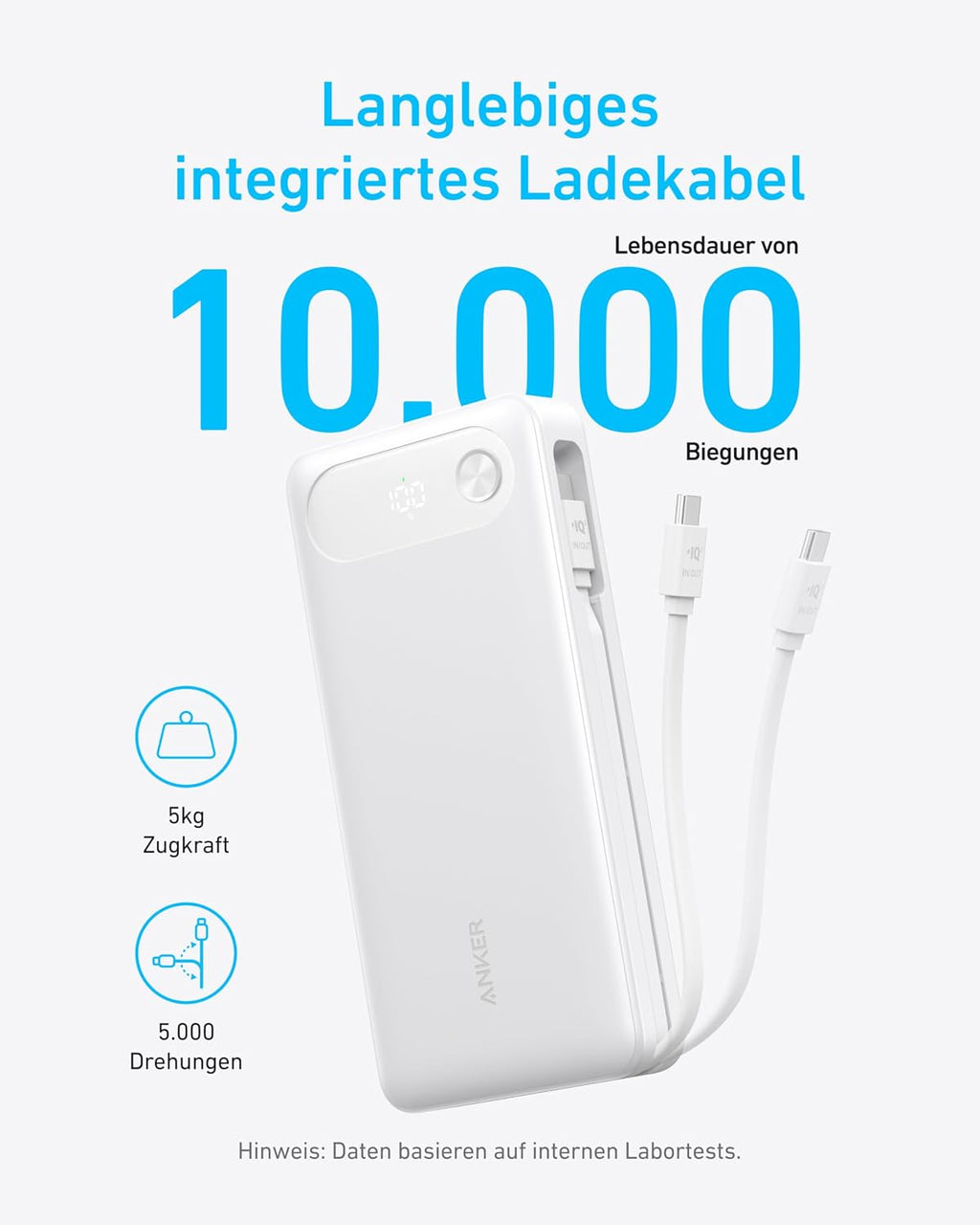 Anker Powerbank 20000 mAh 87W mit integriertem USB‑C Kabel, USB‑A, USB‑C