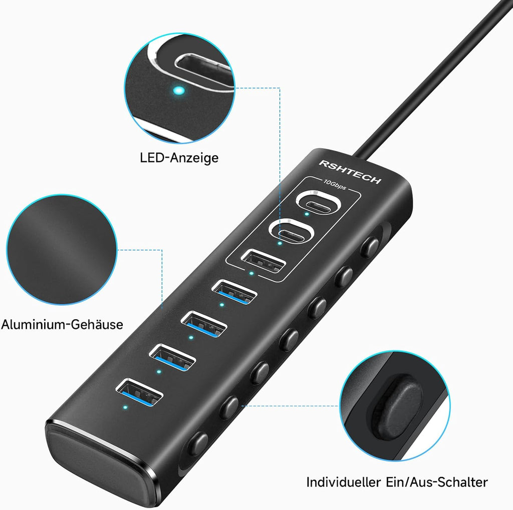 RSHTECH USB‑C Hub 7‑Port 10 Gbps mit Netzteil, USB Splitter Adapter