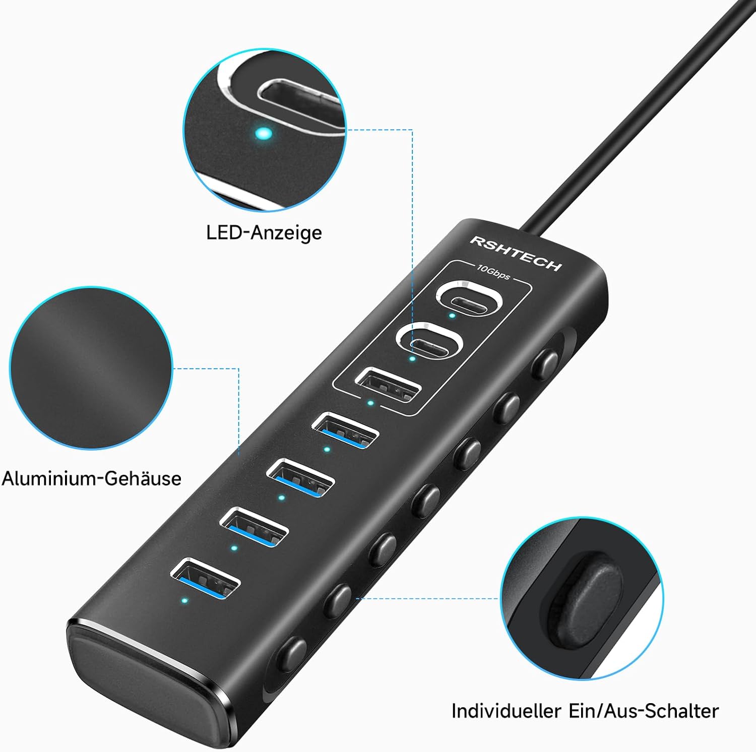 RSHTECH USB‑C Hub 7‑Port 10 Gbps mit Netzteil, USB Splitter Adapter