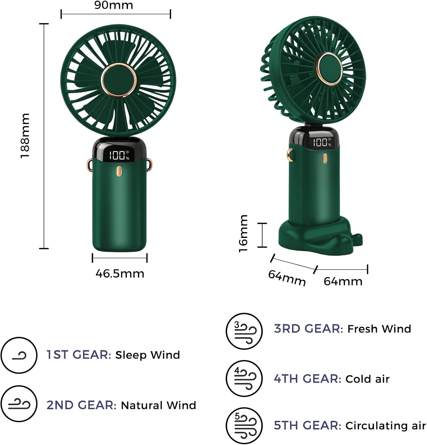 Jsdoin Handventilator faltbar wiederaufladbar USB 5 Stufen Mini Ventilator Dunke
