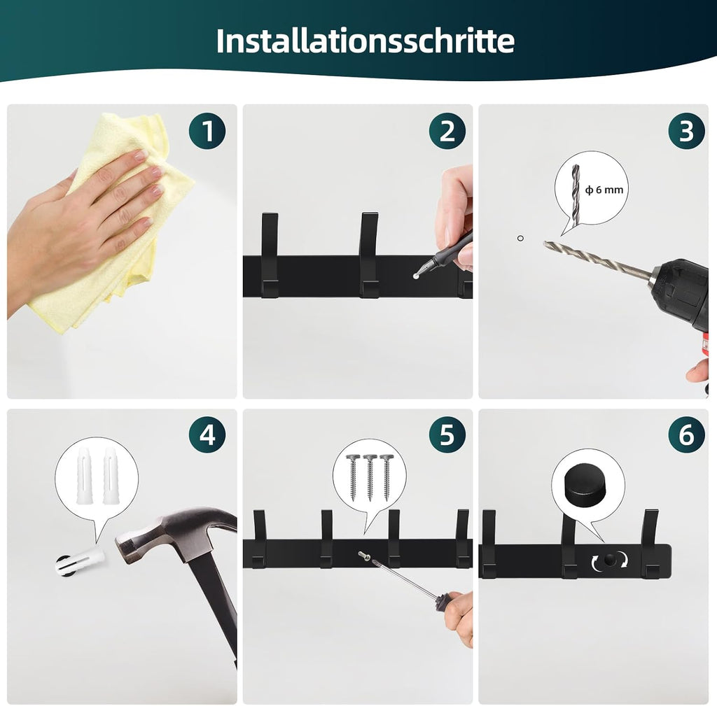 Kleiderhaken Wand 2er Set Hakenleiste Garderobe mit 6 Haken schwarz