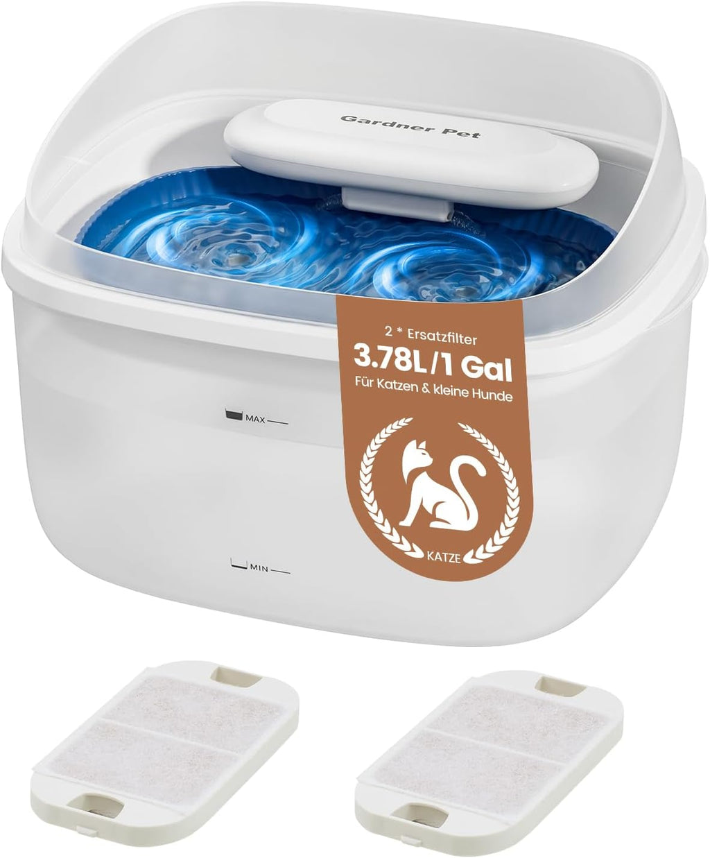Gardner Pet Trinkbrunnen Vortex Filter transparenter Tank leise